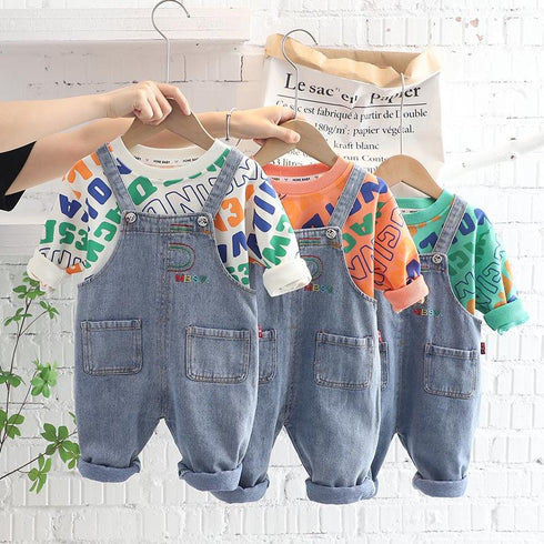 Two Piece Set Of Letter Bottoming And Casual Denim Suspenders